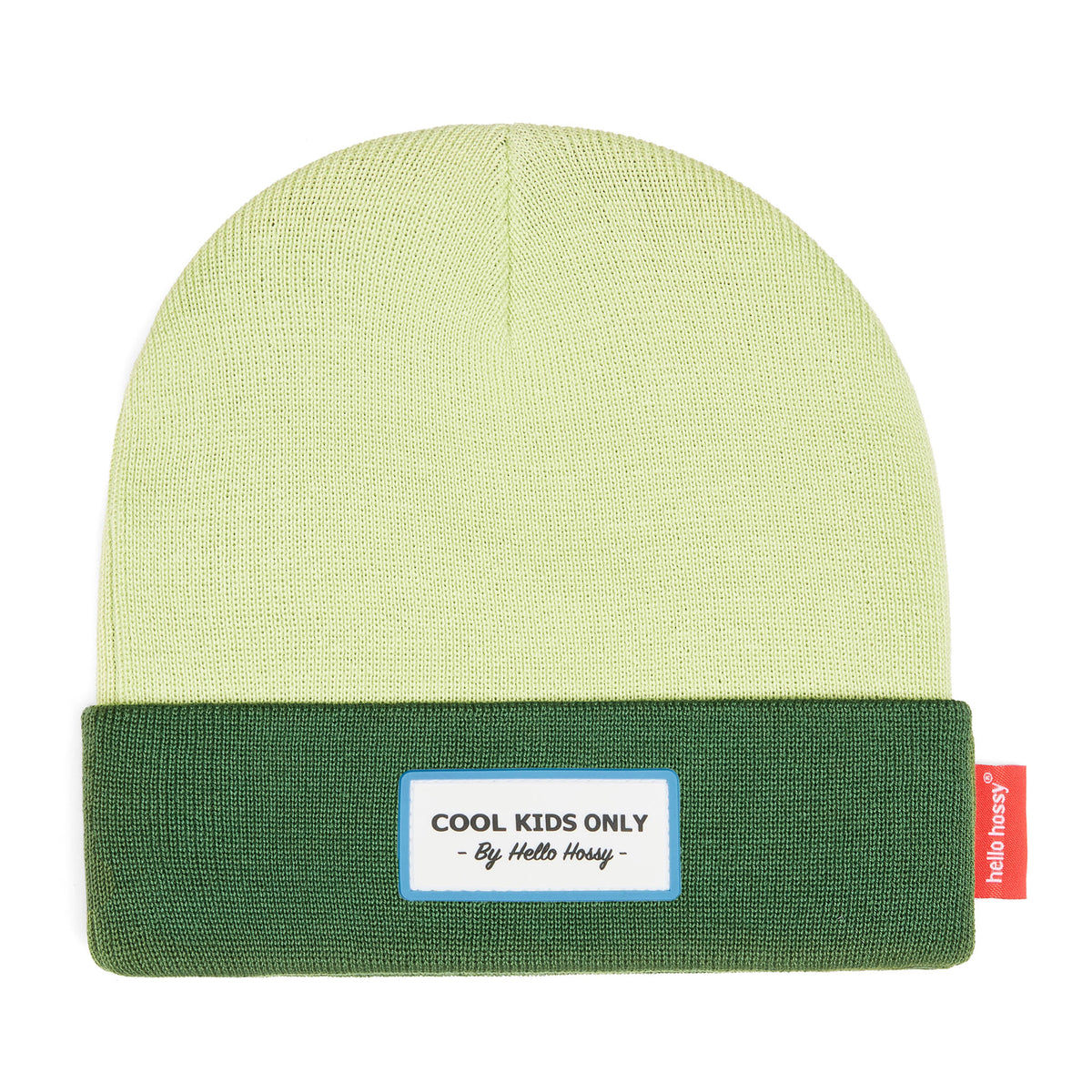 Gorro infantil verde-claro com rebordo escuro e etiqueta bordada, Hello Hossy