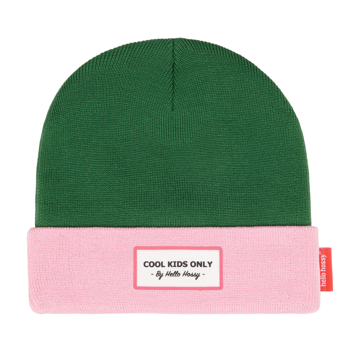 Gorro infantil verde com rebordo rosa e etiqueta bordada, Hello Hossy