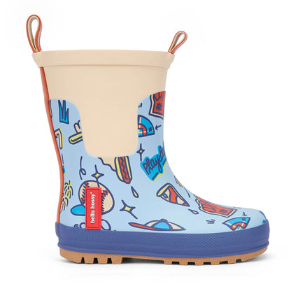 Botas de chuva infantis azuis, padrão desportivo bege, detalhes vermelhos Hello Hossy