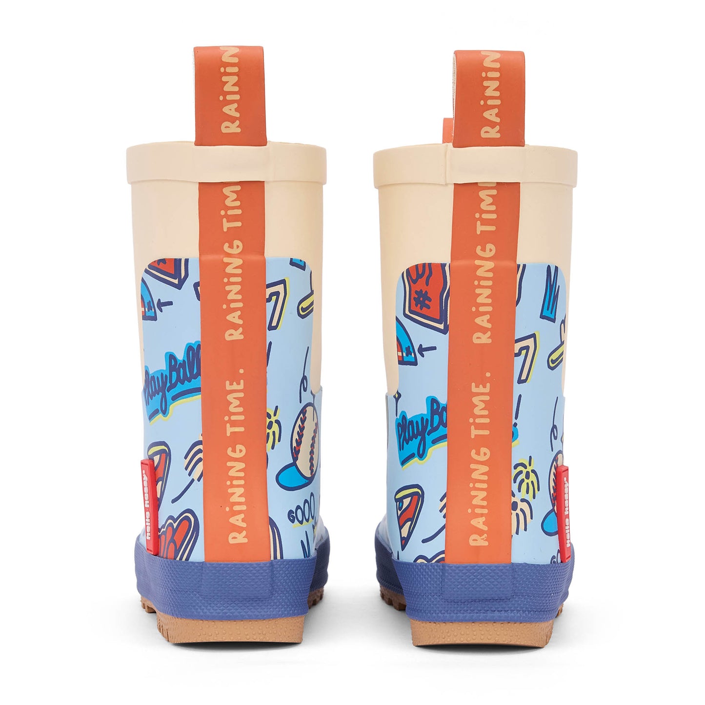 Botas de chuva infantis azuis com padrão desportivo, detalhes laranja e sola antiderrapante Hello Hossy