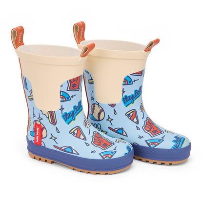 Botas de chuva infantis azuis com padrões de desporto, baseball e pizza Hello Hossy