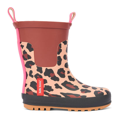 Botas de chuva infantis com estampado leopard castanho e preto, puxadores Hello Hossy