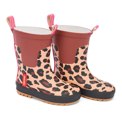 Botas de chuva infantis castanhas e pretas com estampado leopard, detalhe rosa Hello Hossy
