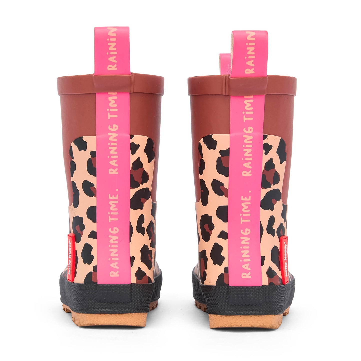 Botas de chuva infantis castanhas e pretas com estampado leopard, detalhe rosa Hello Hossy