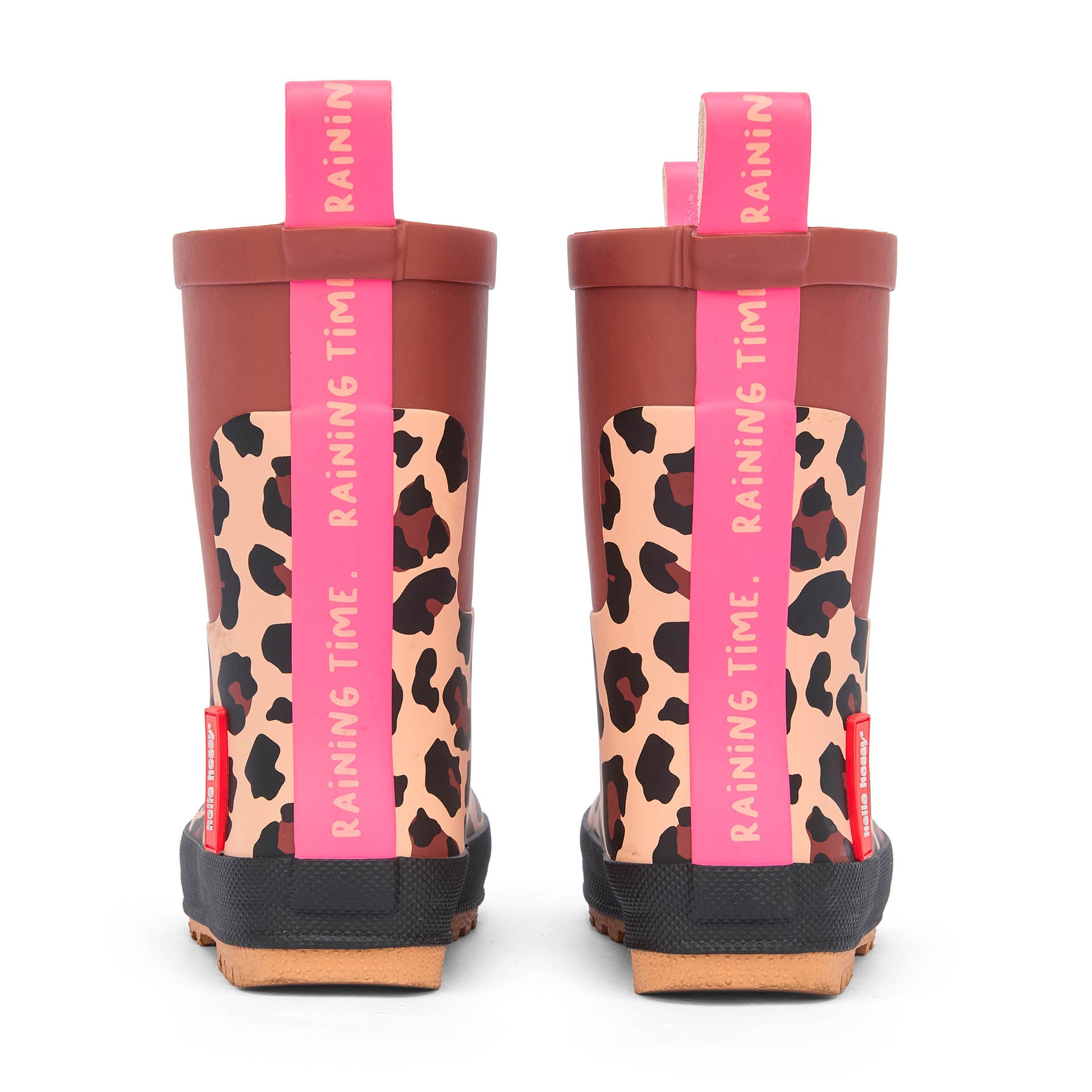 Botas de chuva infantis castanhas e pretas com estampado leopard, detalhe rosa Hello Hossy