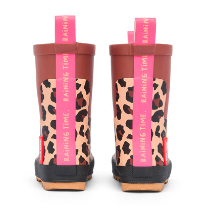Botas de chuva infantis castanhas e pretas com estampado leopard, detalhe rosa Hello Hossy