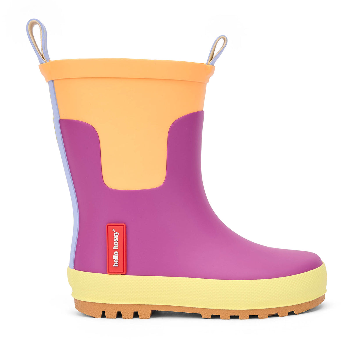 Botas de chuva para criança violeta e laranja, detalhe amarelo, Hello Hossy