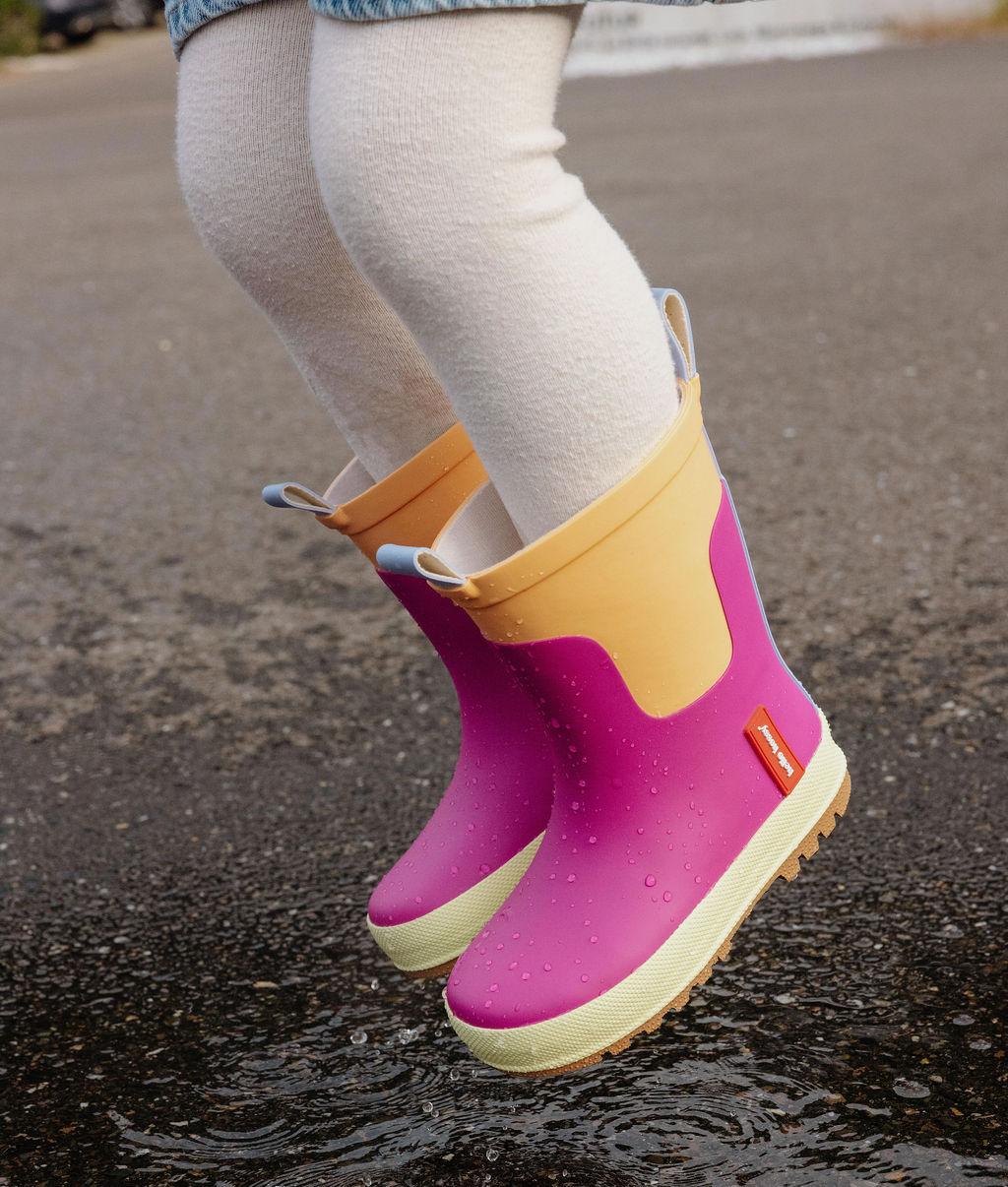 Botas de chuva para criança violeta e laranja, sola dentada, Hello Hossy