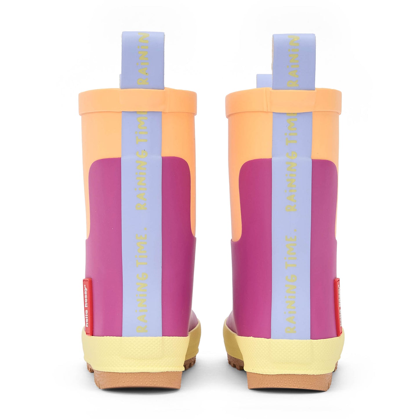 Botas de chuva para criança violeta e laranja com detalhes amarelos Hello Hossy