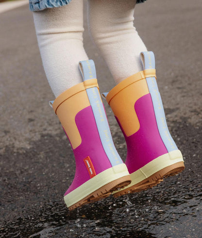 Botas de chuva infantis violetas e laranja, sola de borracha Hello Hossy