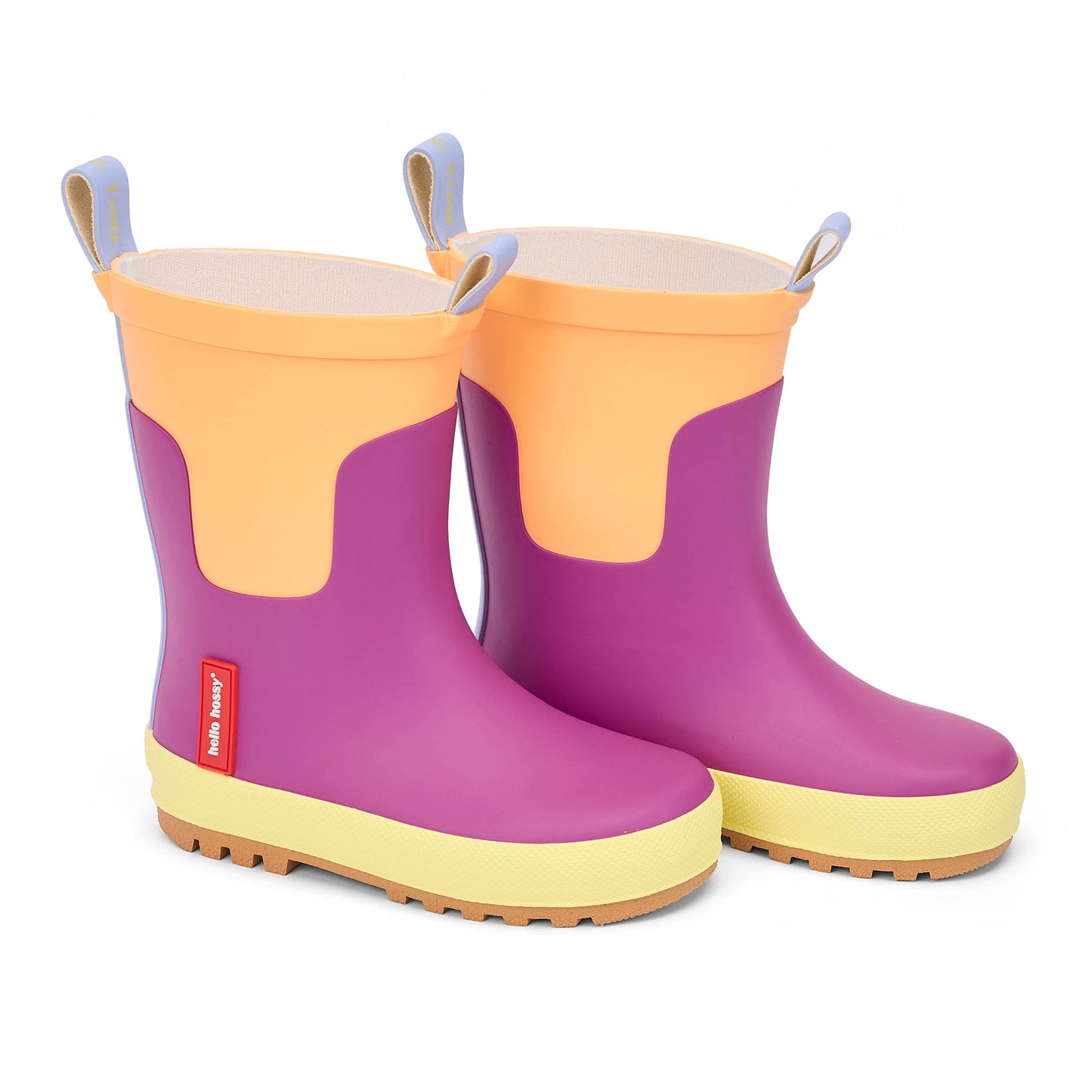 Botas de chuva infantis violeta e laranja com sola amarela Hello Hossy