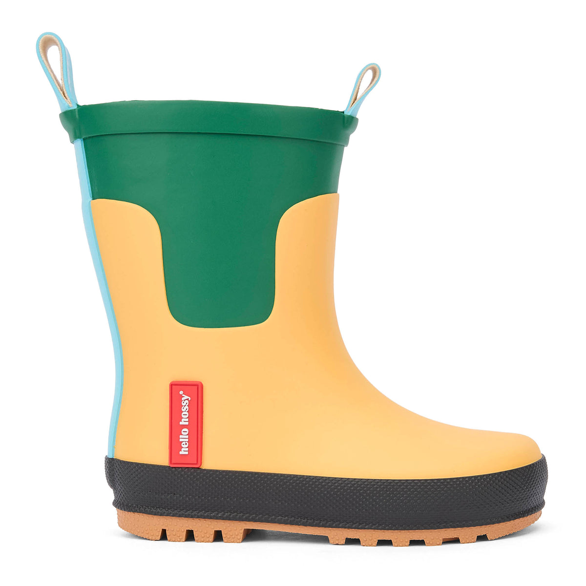 Botas de chuva infantis amarelas e verdes com sola preta Hello Hossy