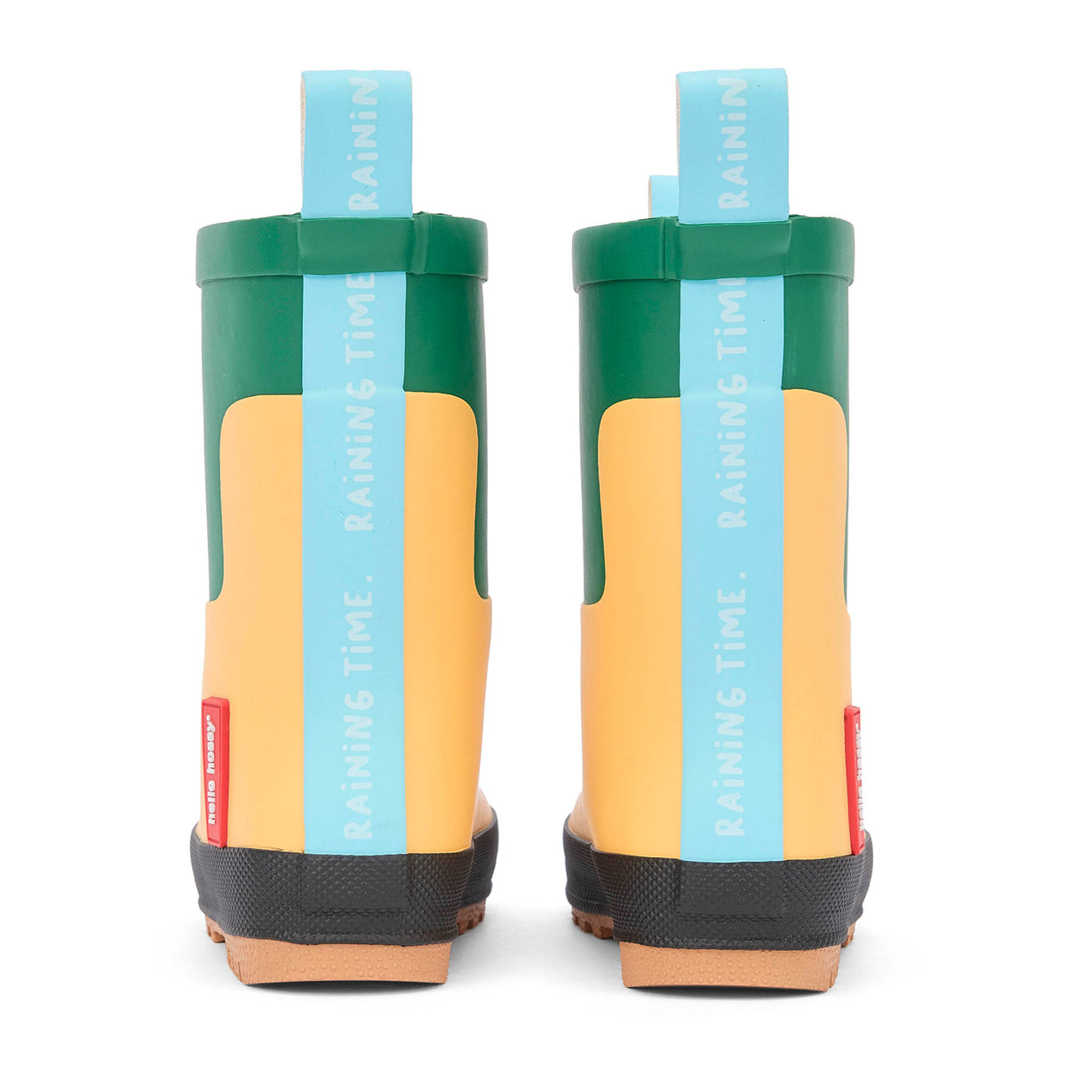 Botas de chuva infantis amarelas e verdes com puxador e inscrição azul Hello Hossy