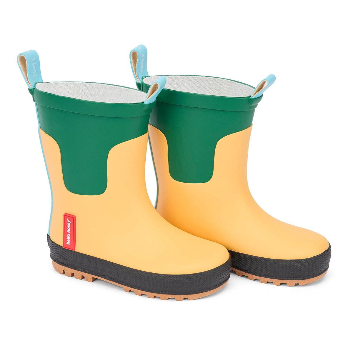 Botas de chuva infantis amarelas e verdes, sola preta e tira azul Hello Hossy