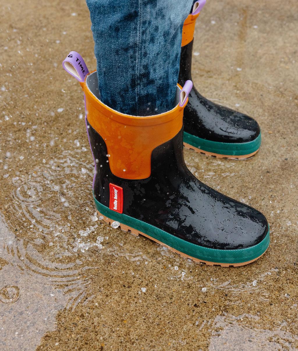 Criança a usar as botas de chuva Blackfy – vista de cima – Hello Hossy