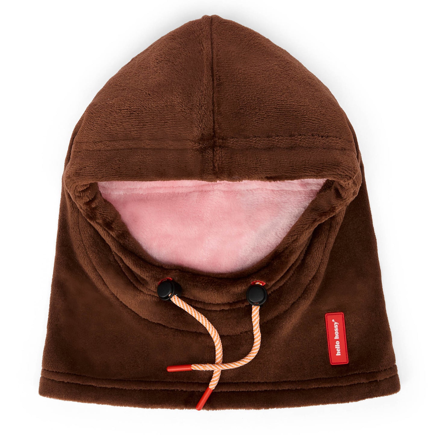 Balaclava infantil castanha, forro rosa, cordão ajustável, Hello Hossy