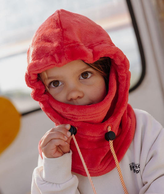 Balaclava infantil vermelha em polar com gola ajustável, coleção outono-inverno Hello Hossy