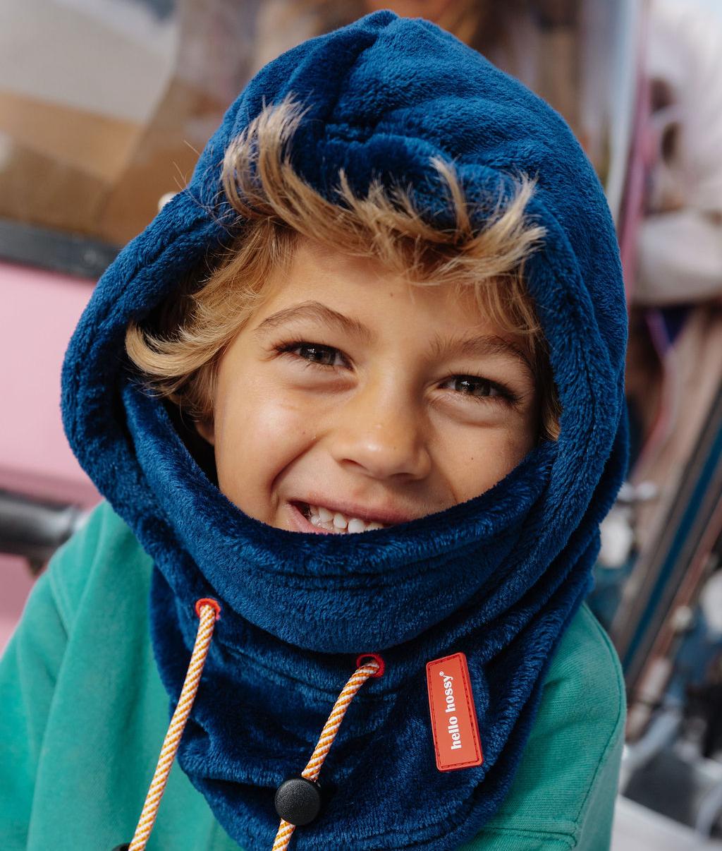 Balaclava para criança azul em polar, atilhos ajustáveis, etiqueta Hello Hossy