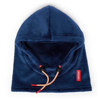 Balaclava infantil azul polar com laços ajustáveis e etiqueta Hello Hossy