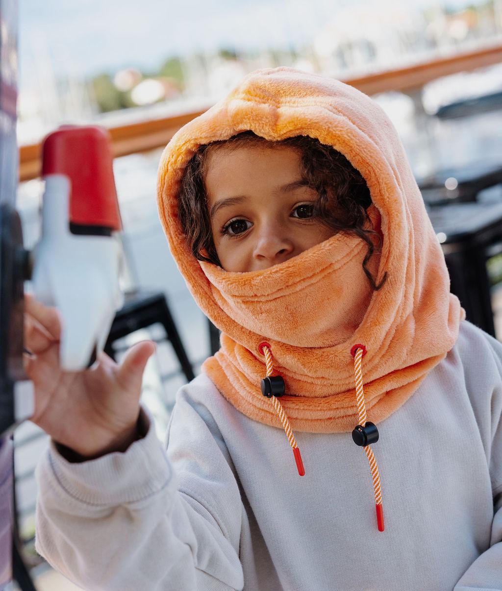 Balaclava infantil laranja em polar com gola ajustável, coleção outono-inverno Hello Hossy