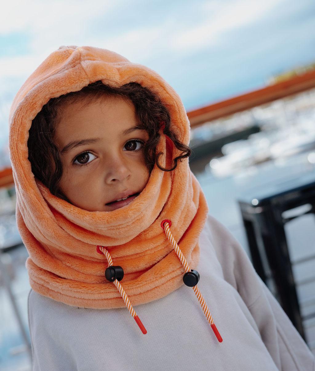 Balaclava laranja em polar para criança, cordões ajustáveis, Hello Hossy