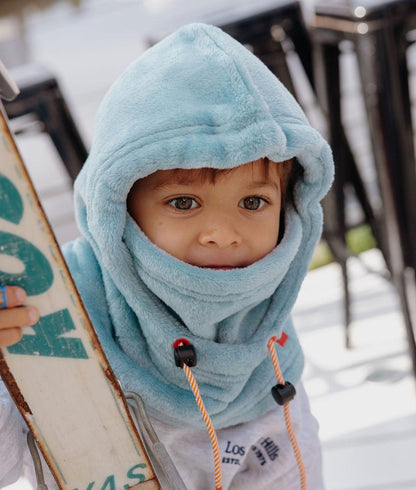 Balaclava infantil azul em polar, cordões ajustáveis Hello Hossy