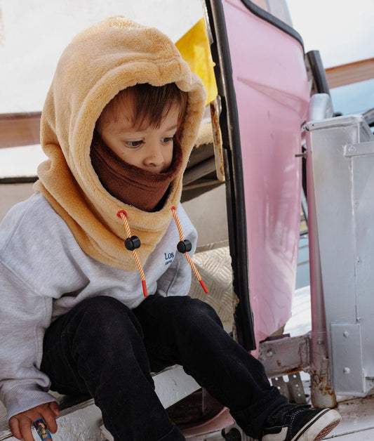 Balaclava infantil bege e castanha, laços ajustáveis, polar quente Hello Hossy