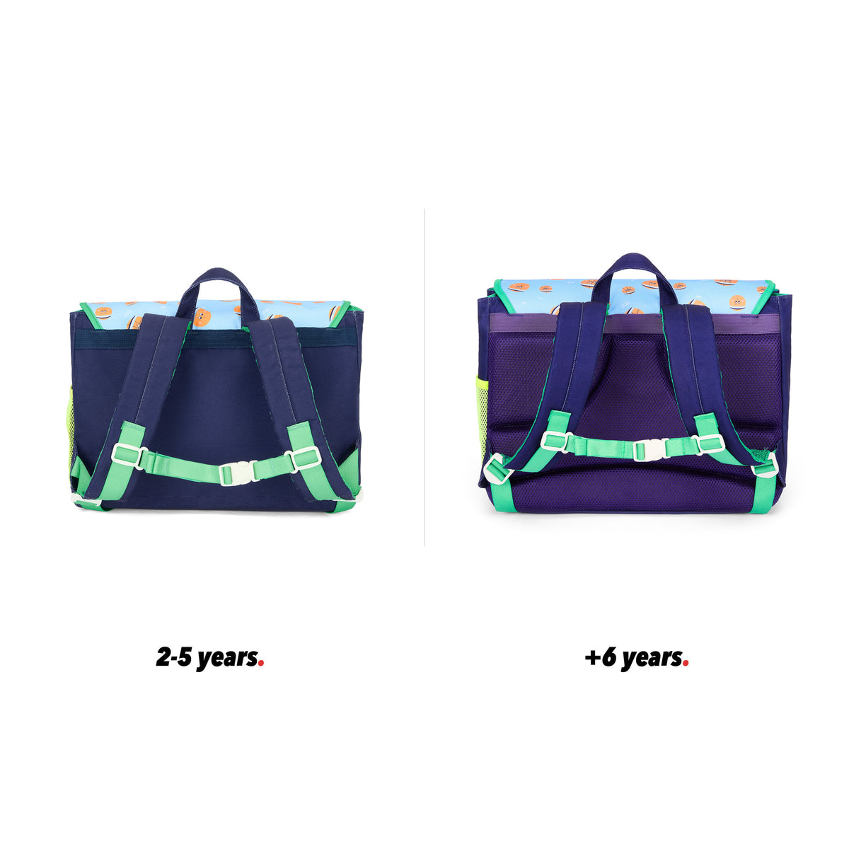 Mochila escolar infantil azul com padrão desportivo, bolas laranja, vista traseira, comparação de 2 tamanhos Hello Hossy