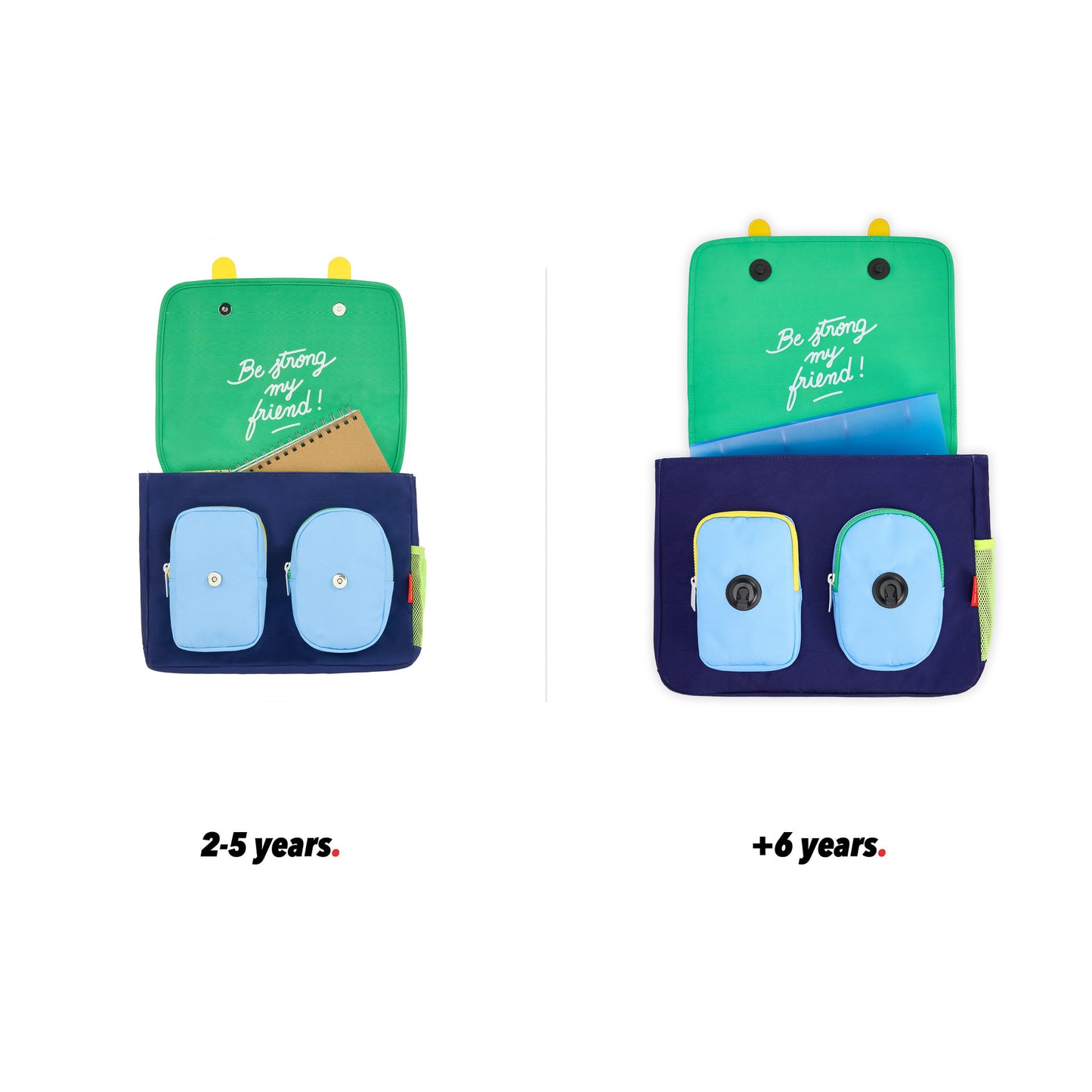 Mochila escolar infantil azul com padrão desporto, bolas laranja, vista frontal aberta, comparação de 2 tamanhos Hello Hossy