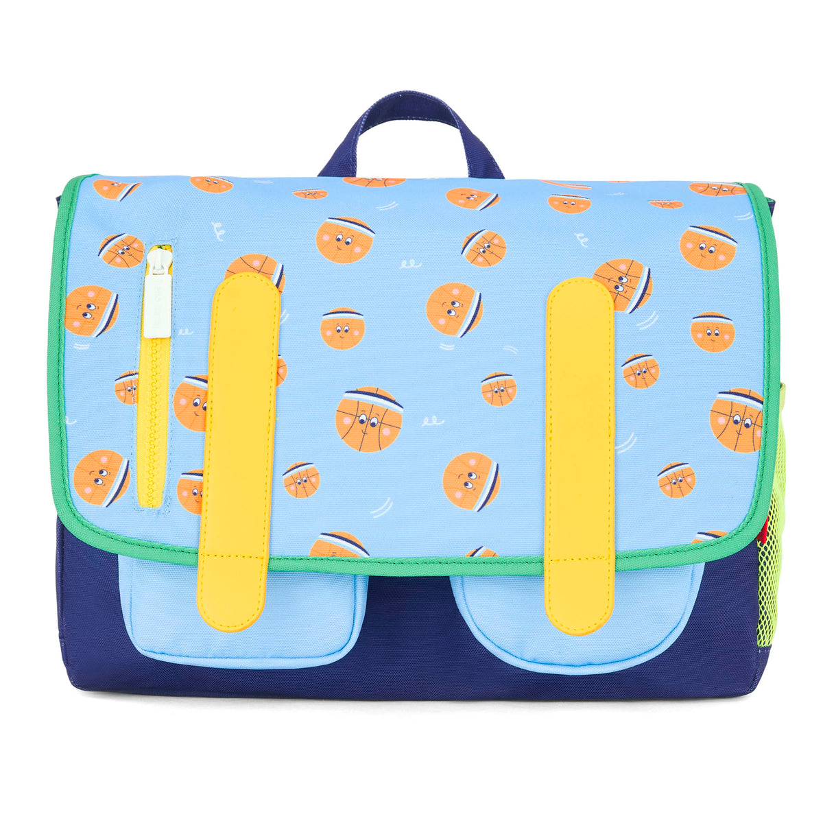 Mochila escolar infantil azul e laranja com padrão de desporto e dois bolsos, Hello Hossy