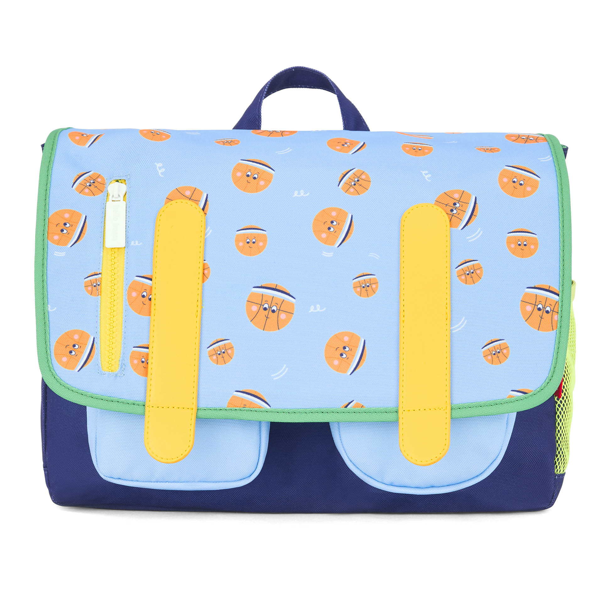 Mochila escolar infantil azul e laranja com padrão de desporto e dois bolsos, Hello Hossy