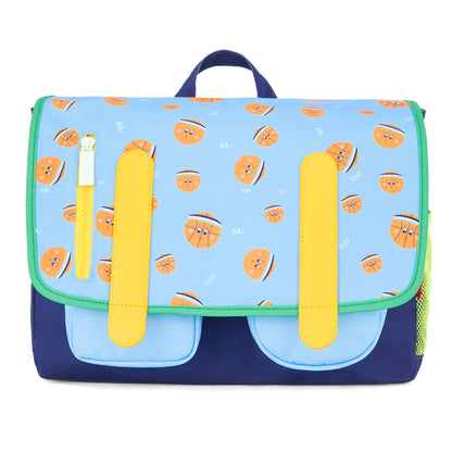 Mochila escolar infantil azul e laranja com padrão de desporto e dois bolsos, Hello Hossy