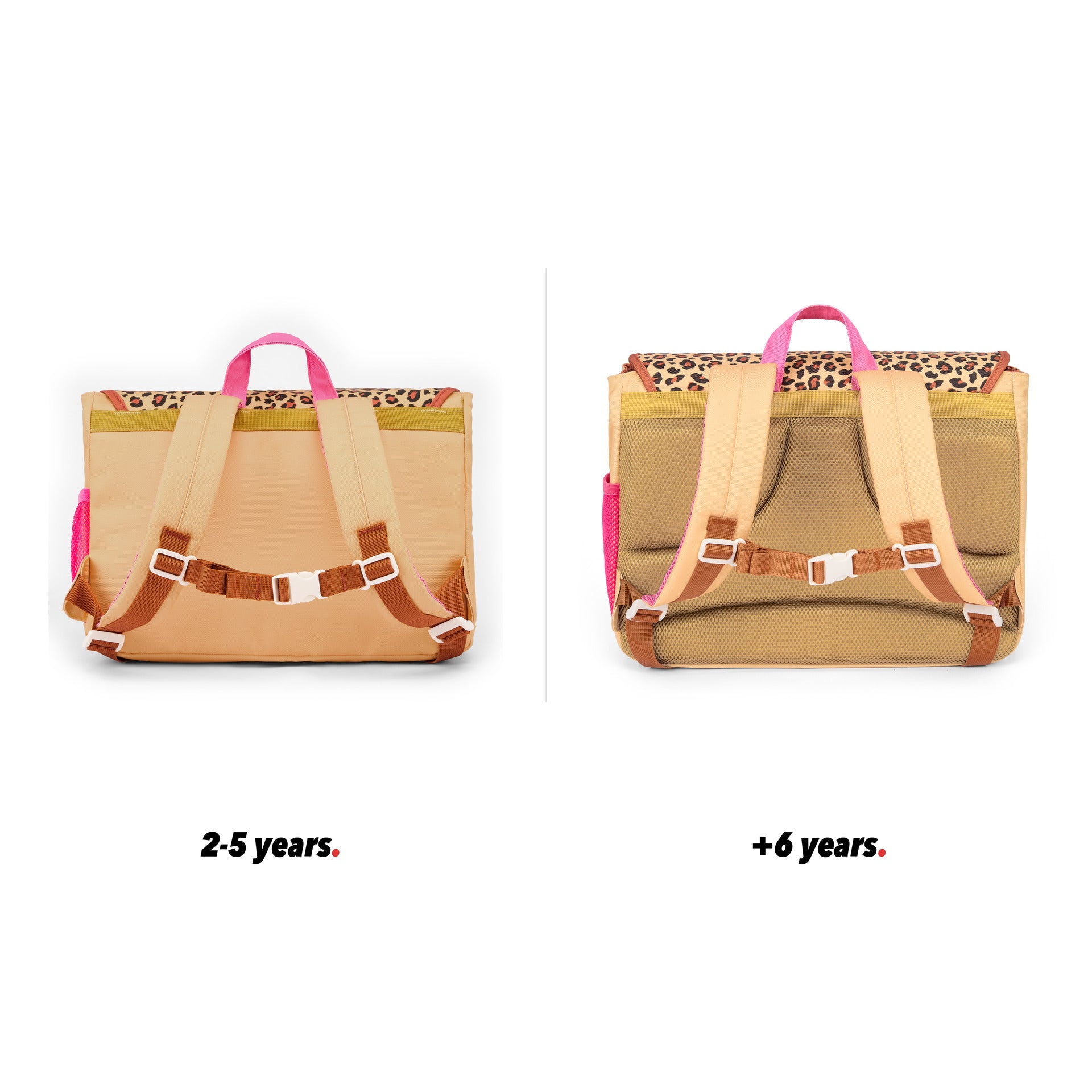 Mochila escolar para criança creme com padrão leopard, bolsos, vista traseira, comparação de 2 tamanhos, Hello Hossy