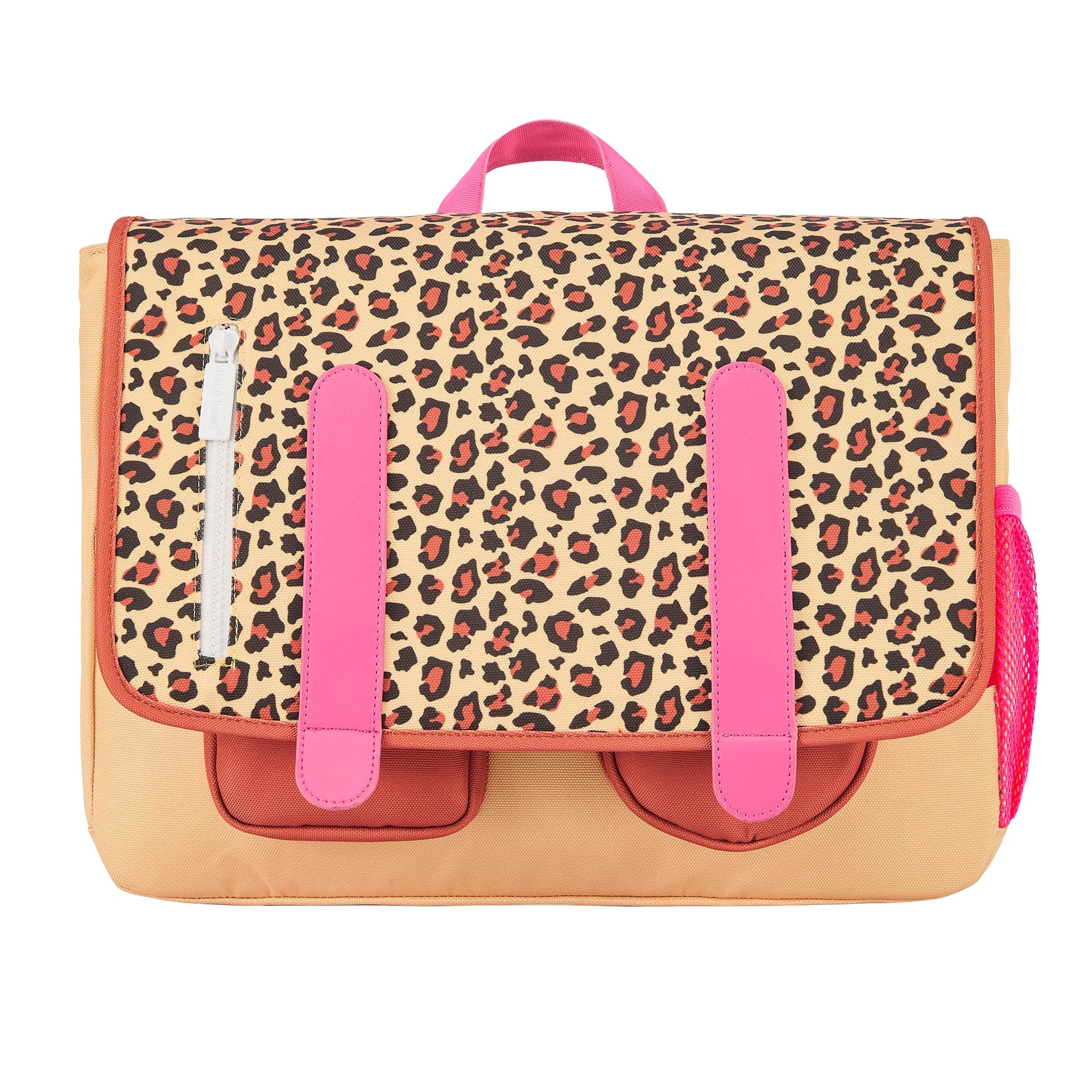Mochila escolar infantil creme castanho com motivo leopard e alças rosas Hello Hossy