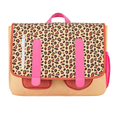 Mochila escolar infantil creme castanho com motivo leopard e alças rosas Hello Hossy