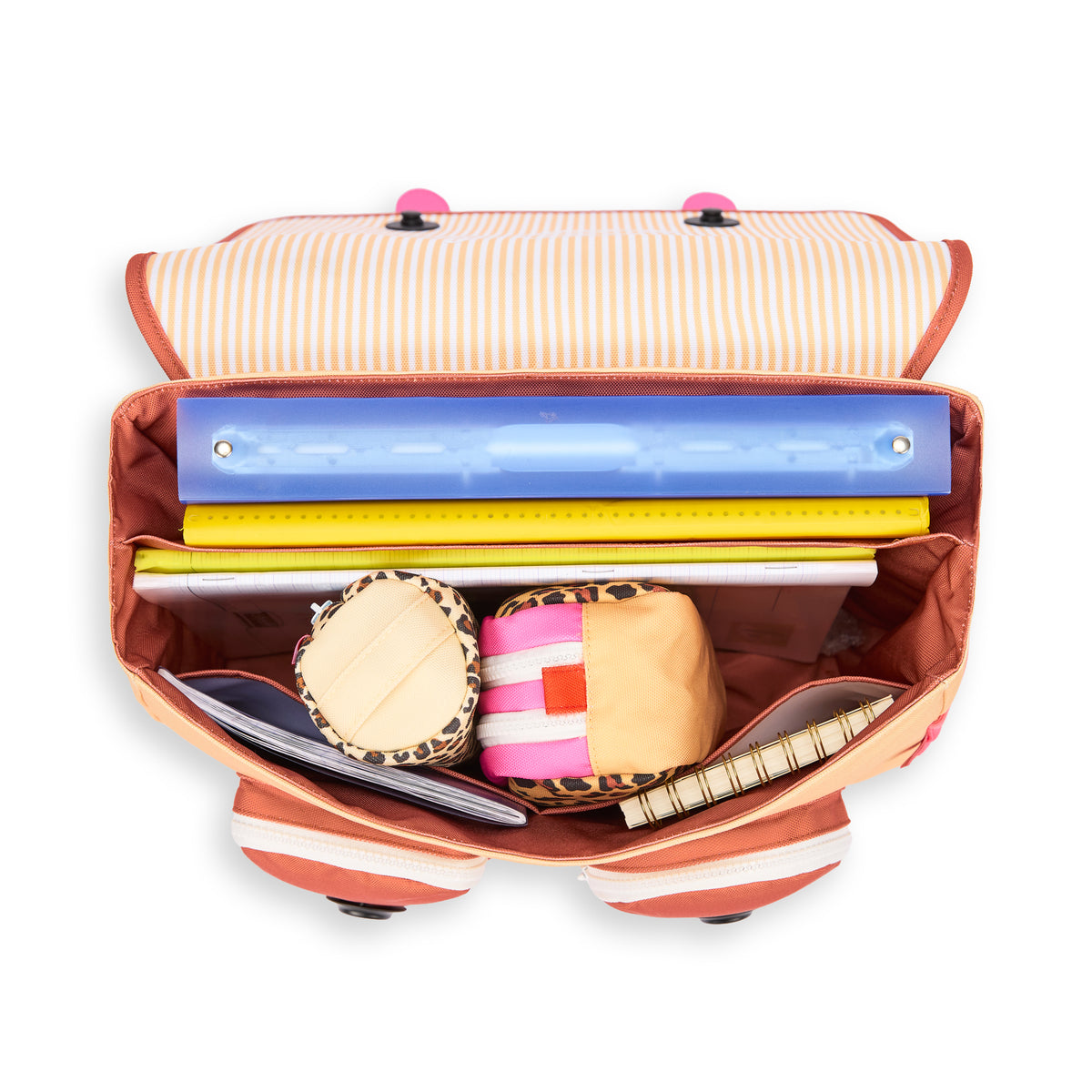 Mochila escolar infantil creme e castanho com padrão leopard e compartimentos Hello Hossy