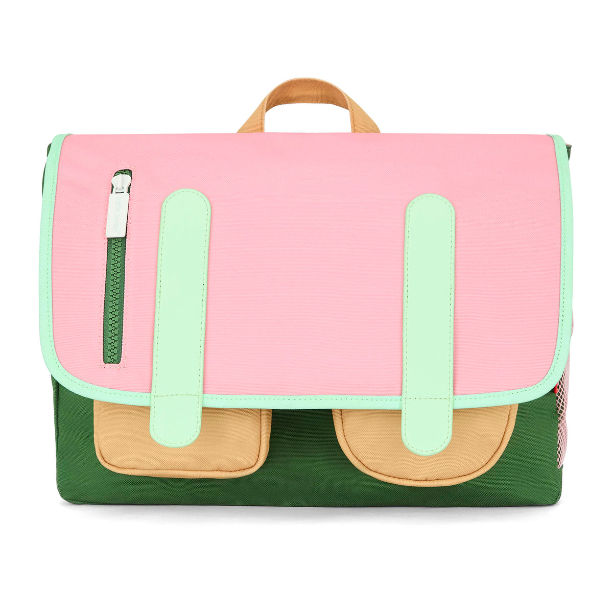 Mochila escolar infantil rosa com bolso bege e alças verde-claras Hello Hossy