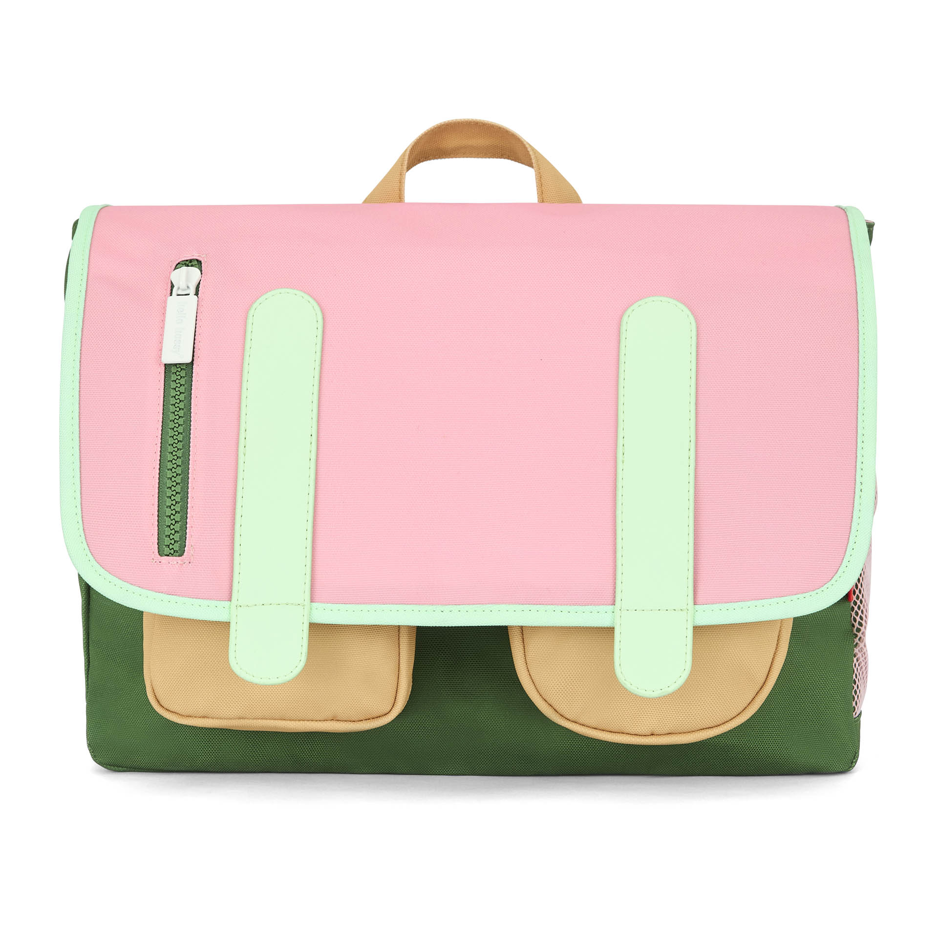 Mochila escolar infantil rosa com bolso bege e alças verde-claras Hello Hossy