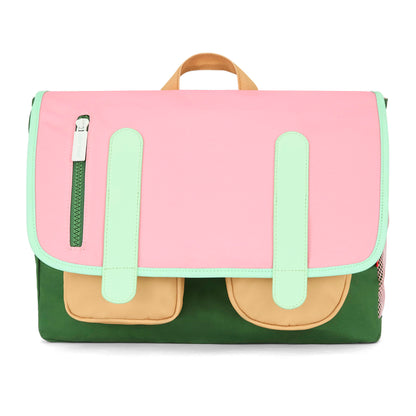 Mochila escolar infantil rosa com bolso bege e alças verde-claras Hello Hossy