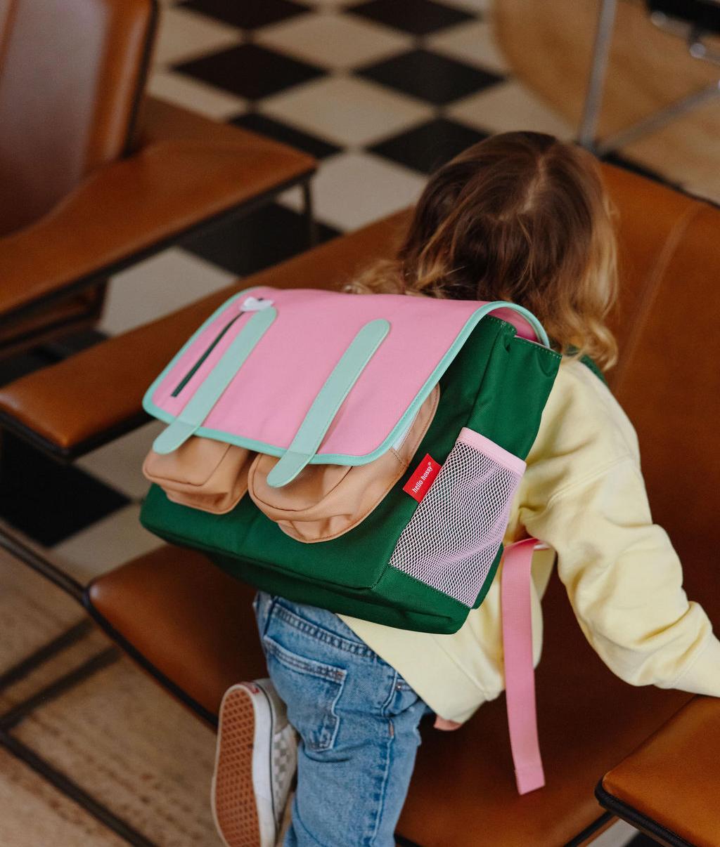 Mochila escolar infantil rosa e verde, bolsos frontais Hello Hossy