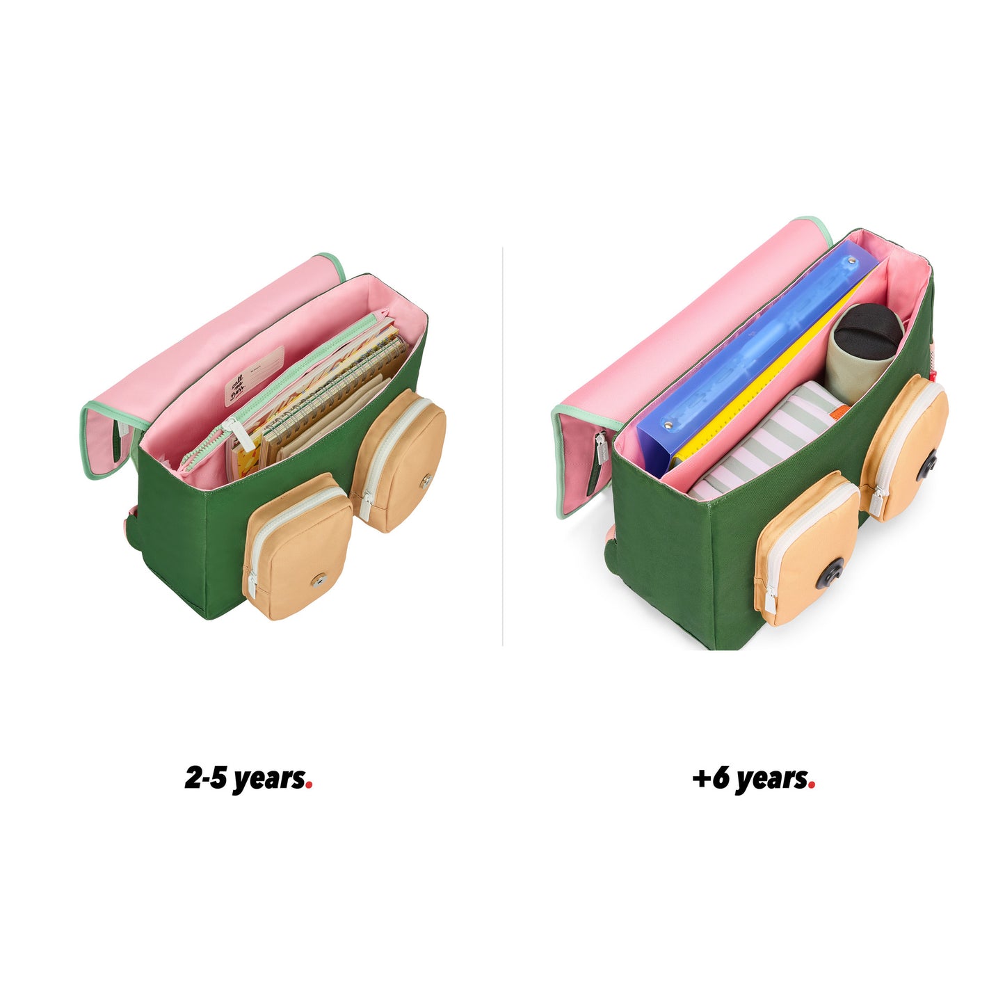 Mochila escolar de criança rosa verde pormenores bege bolsos vista aberta comparativo 2 tamanhos Hello Hossy