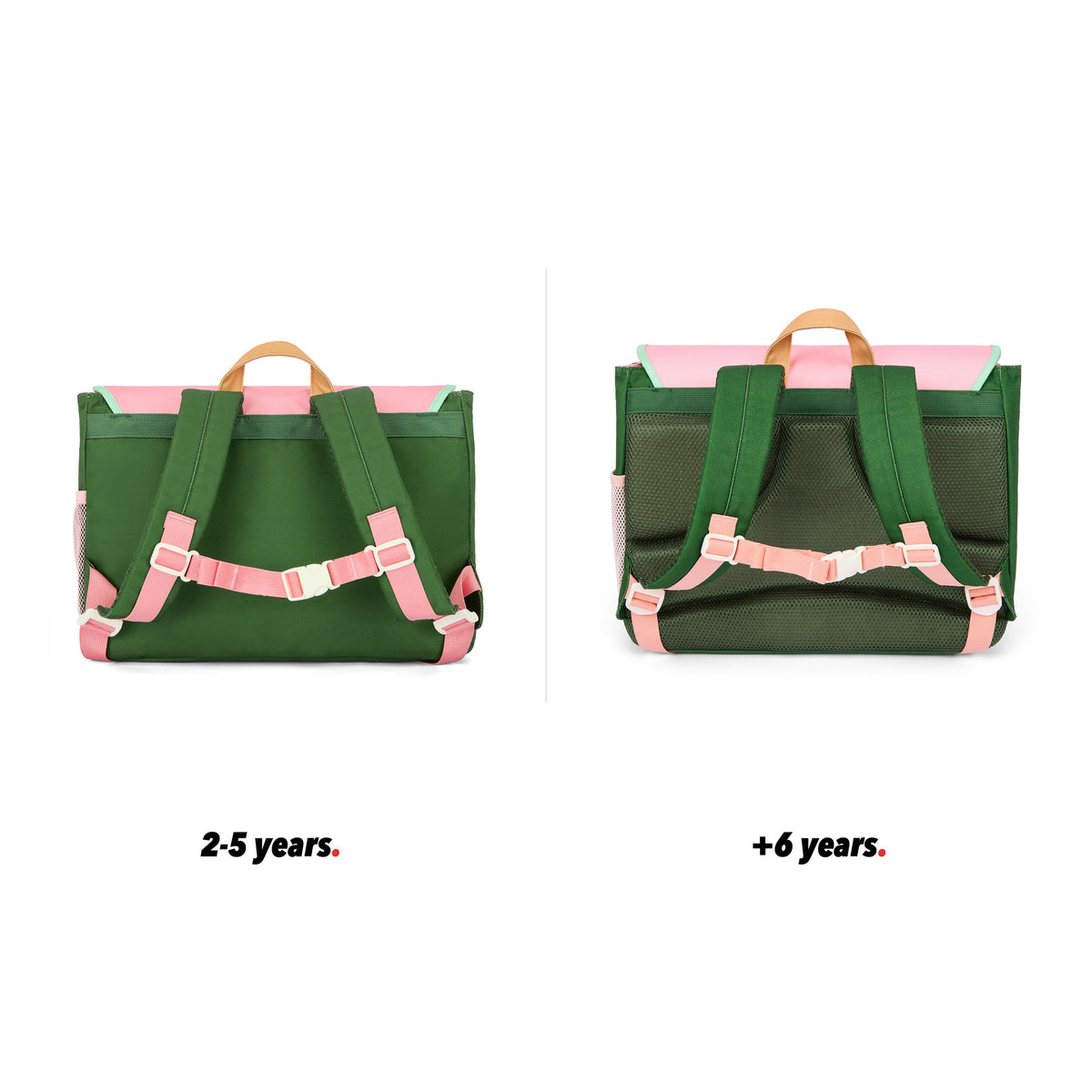 Mochila escolar infantil rosa e verde, detalhes bege, bolsos, vista traseira, comparação de 2 tamanhos Hello Hossy