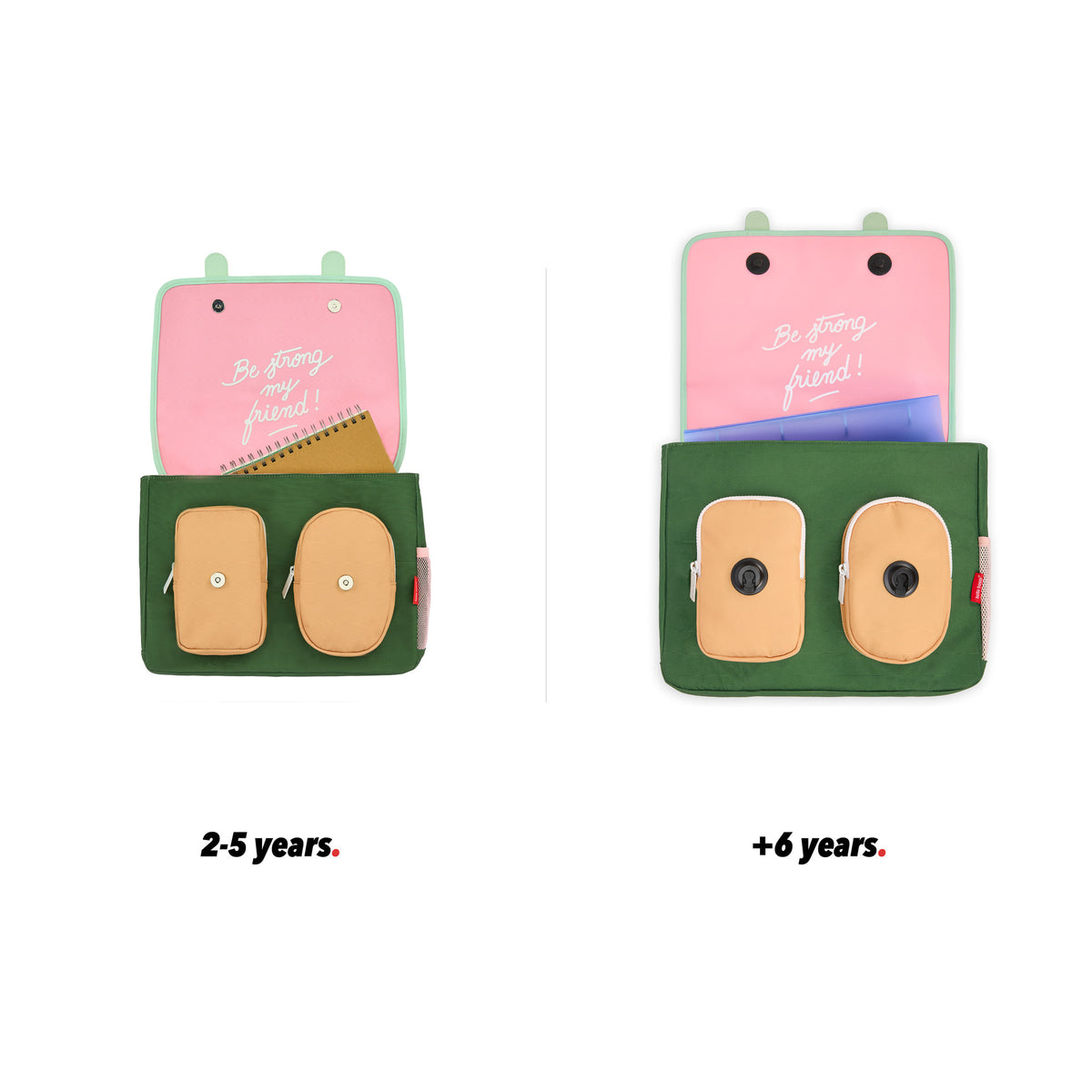 Mochila escolar para criança rosa e verde, detalhes bege, bolsos, vista frontal aberta, comparação de 2 tamanhos, Hello Hossy