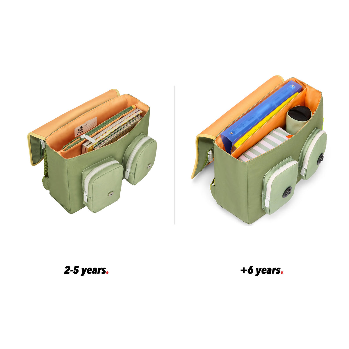 Mochila escolar infantil verde com alças castanhas, bolso visível, aberta, comparação de 2 tamanhos Hello Hossy