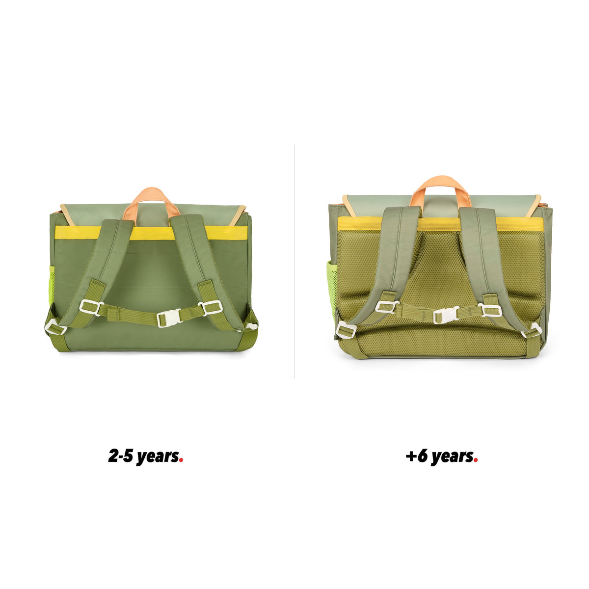 Mochila escolar para criança verde com alças castanhas, bolso, vista traseira, comparação de 2 tamanhos Hello Hossy