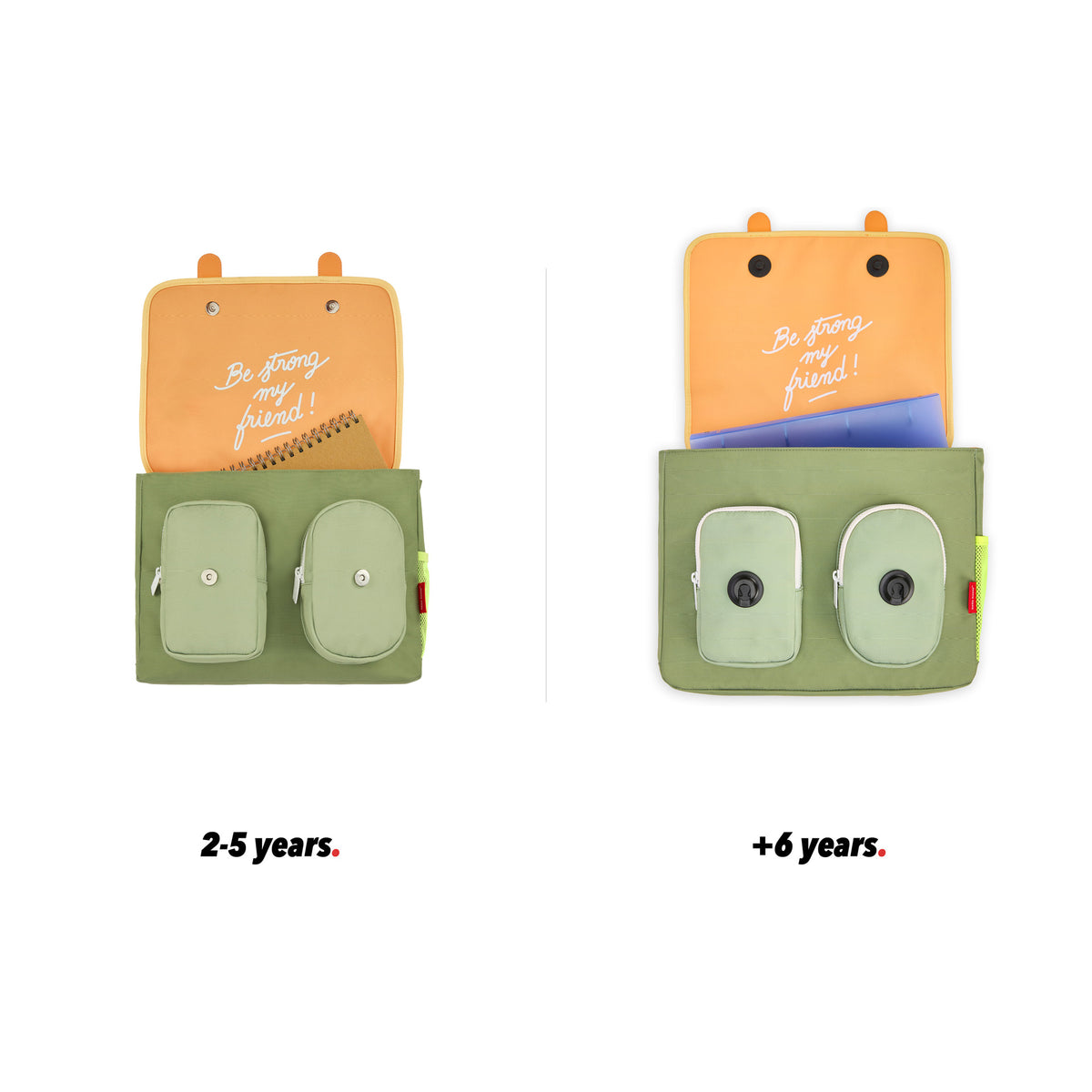 Mochila escolar infantil verde, alças castanhas, bolso, vista frontal aberta, comparação de 2 tamanhos Hello Hossy