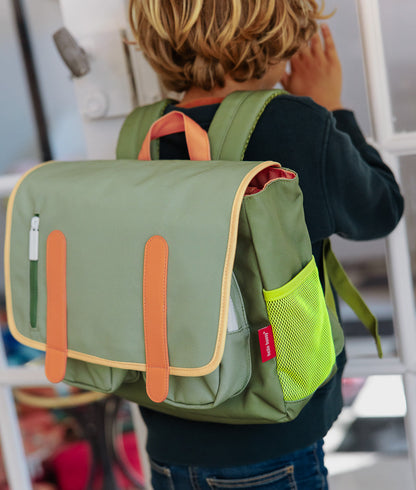Mochila verde para criança com bolsos em rede amarelo-flúor, Hello Hossy