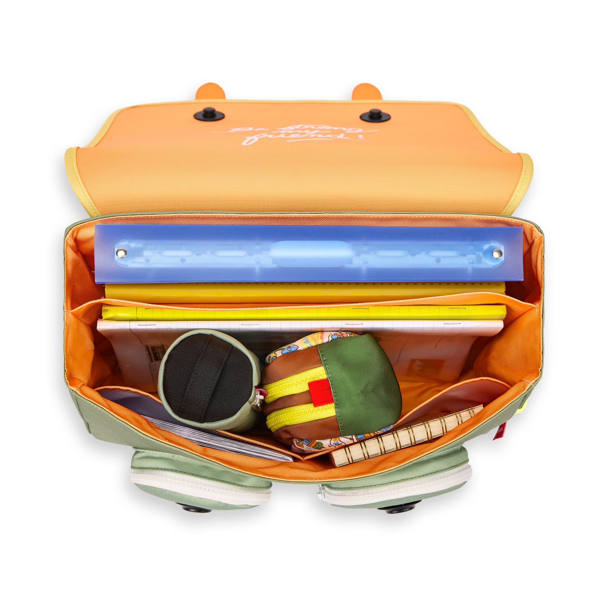 Mochila escolar de criança verde com vários compartimentos e interior laranja Hello Hossy