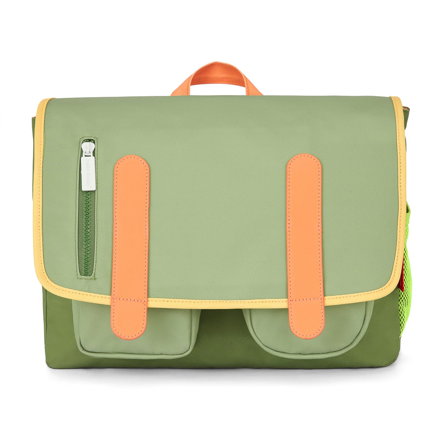 Mochila escolar infantil verde com detalhes laranja e bolsos frontais Hello Hossy