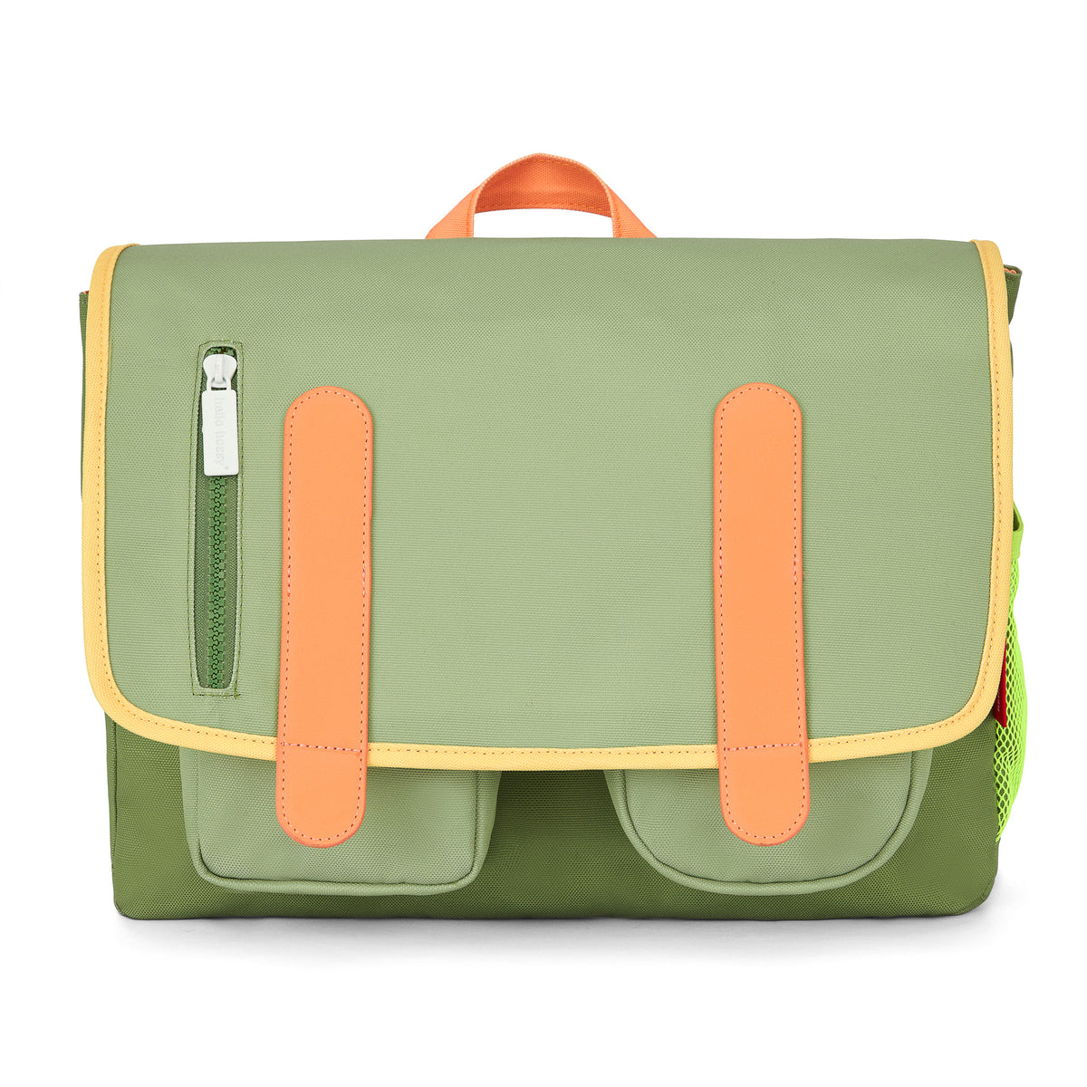 Mochila escolar infantil verde com detalhes laranja e bolsos frontais Hello Hossy